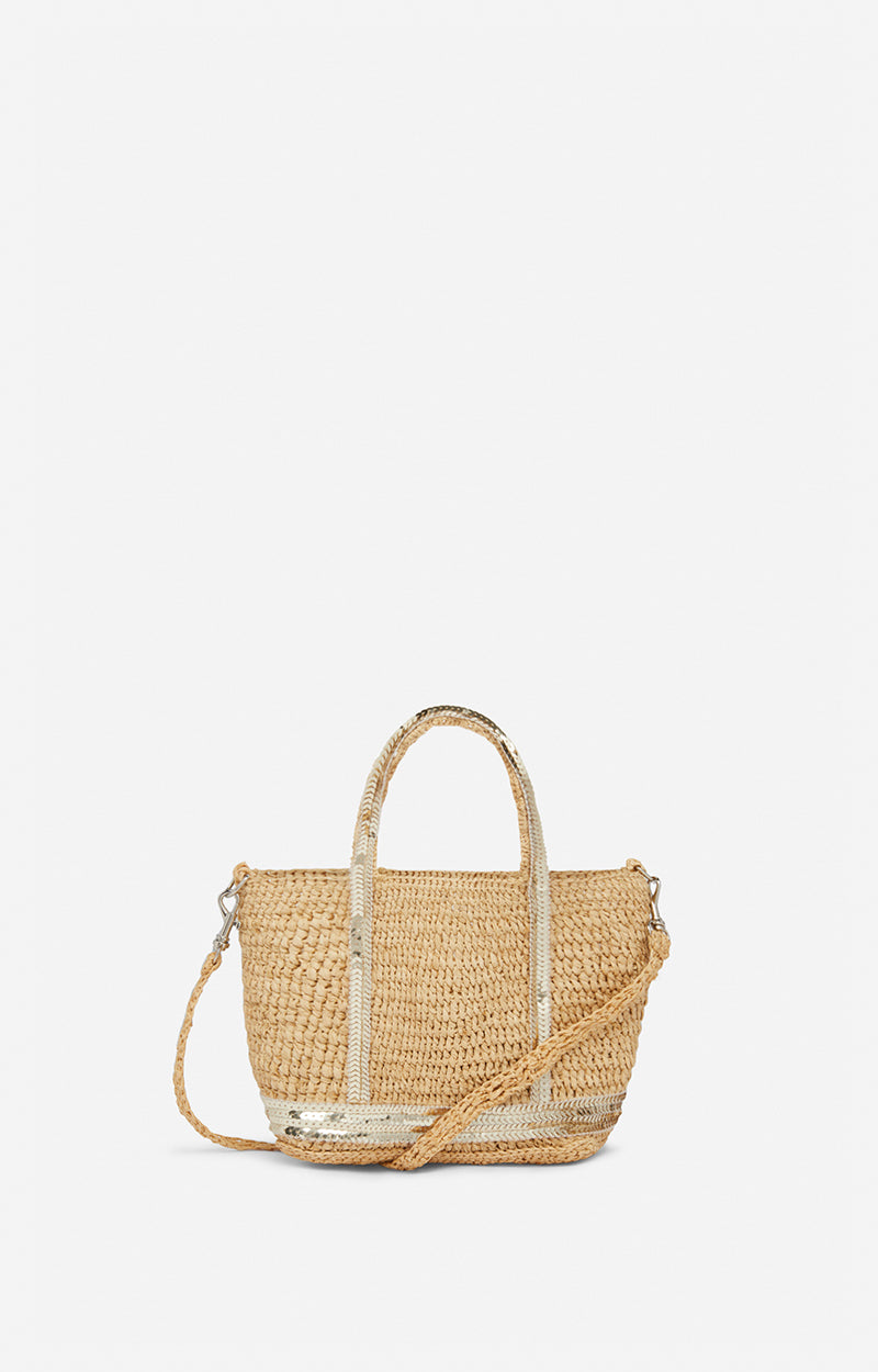Borsa tote XS in raffia e paillettes