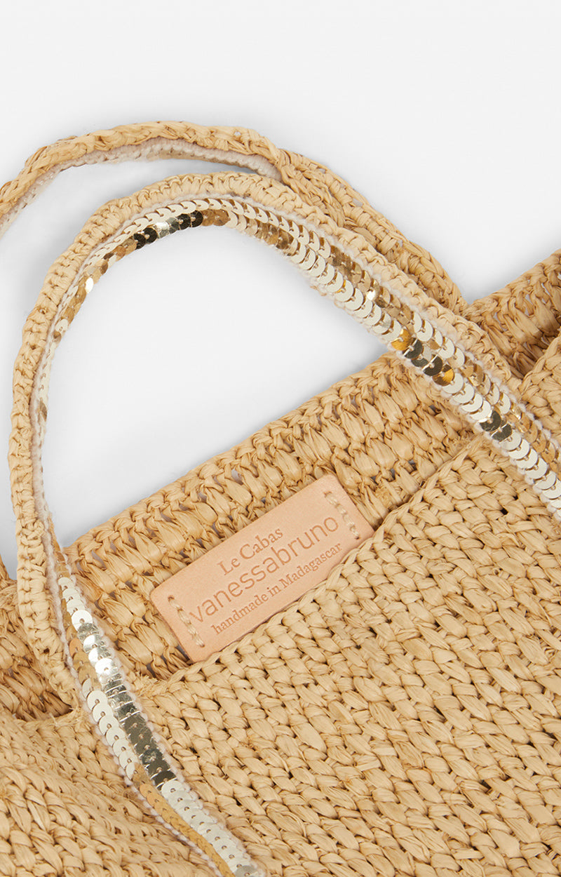 Borsa tote XS in raffia e paillettes