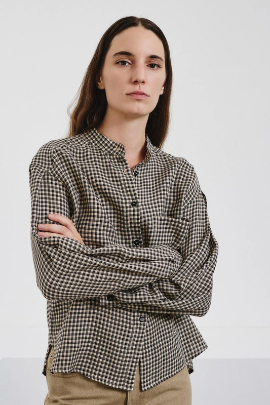 Camicia con collo a fascetta in flanella vichy