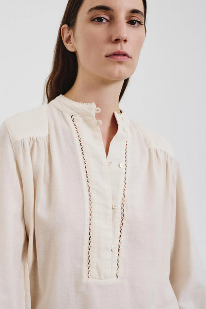 Camicia con abbottonatura a polo in micro armatura di cotone e lana