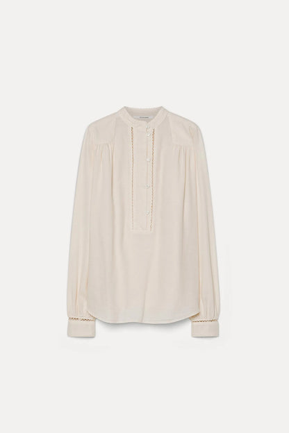 Camicia con abbottonatura a polo in micro armatura di cotone e lana