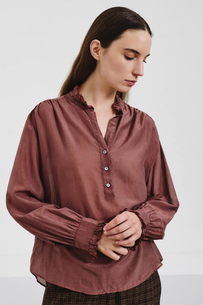 Camicia con rouches in voile di seta e cotone