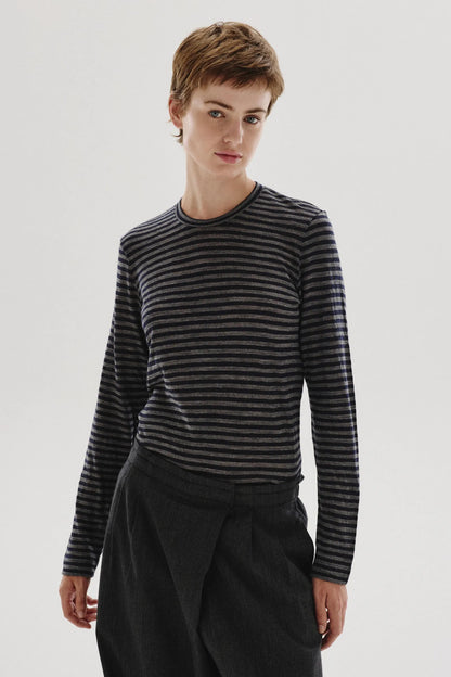 T-shirt in jersey rigato di lana navy