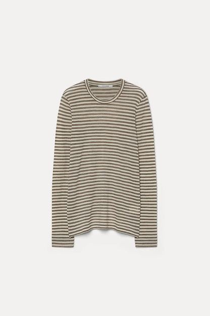 T-shirt in jersey rigato di lana tortora