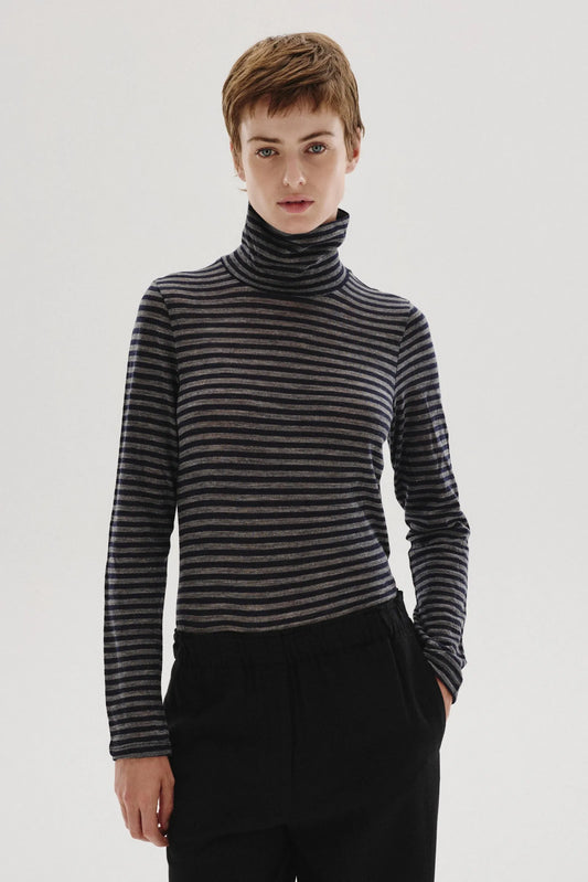 T-shirt a collo alto in jersey rigato di lana navy